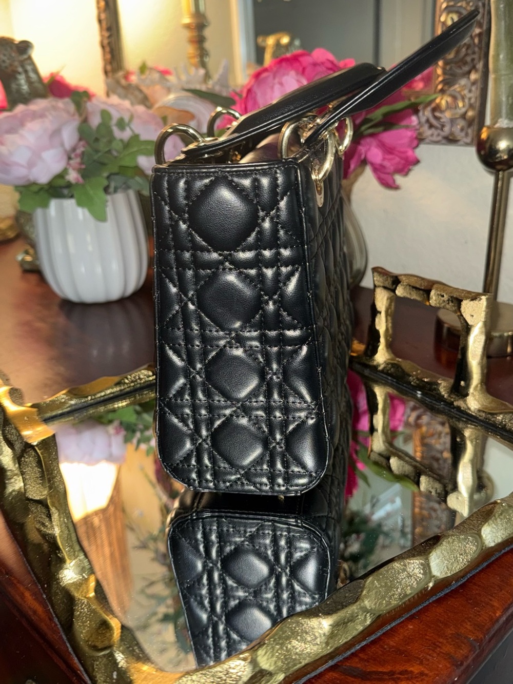 Structured Quilted Mini Top-Handle Bag in Black with Gold Hardware - Picture 2 of 3